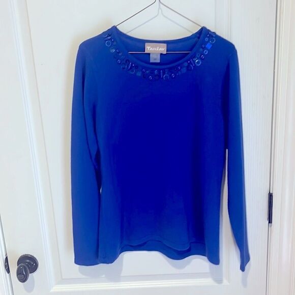 Tanjay Brilliant Blue Embellished Sequin Collar lightweight Sweater - Picture 1 of 5